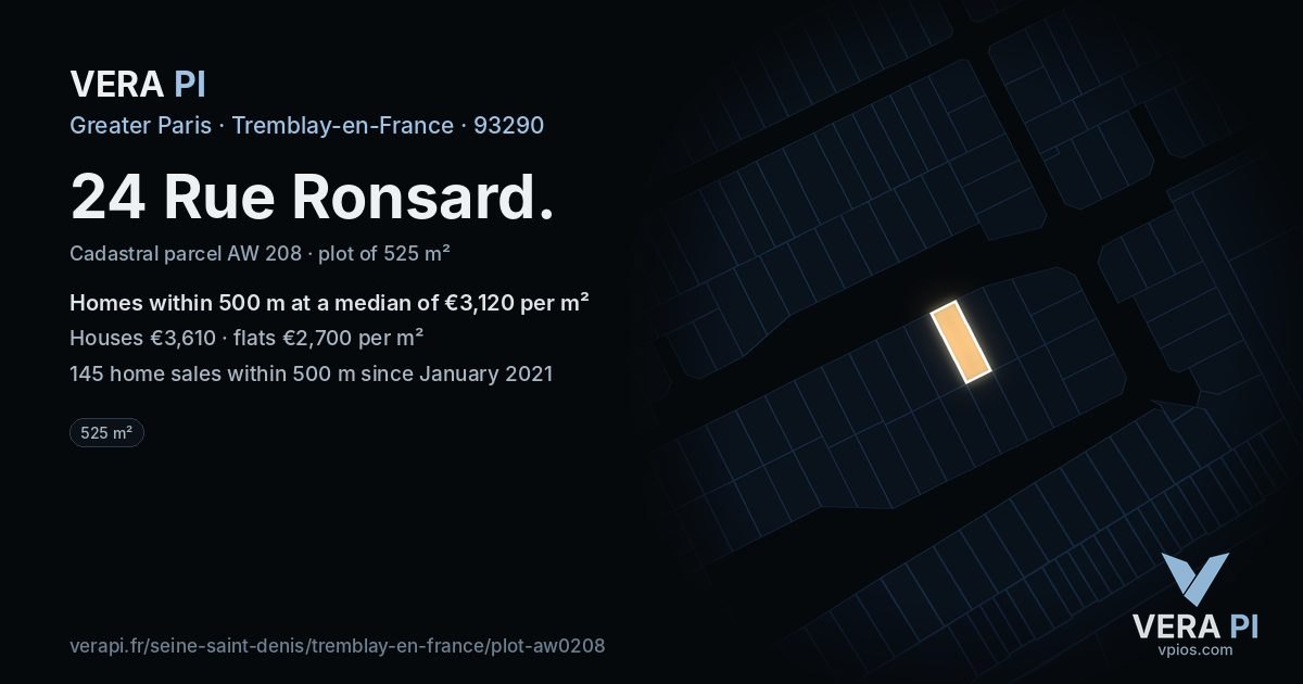 24 Rue Ronsard, Tremblay-en-France at night – the plot lit, the parcels around coloured by the prices near them