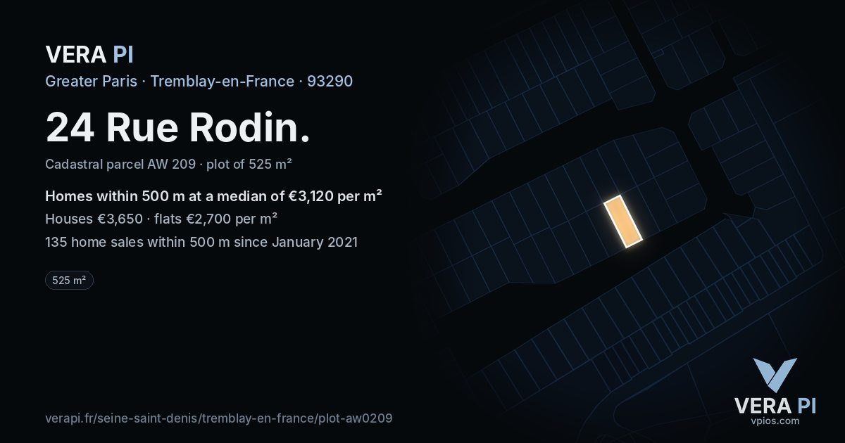 24 Rue Rodin, Tremblay-en-France at night – the plot lit, the parcels around coloured by the prices near them