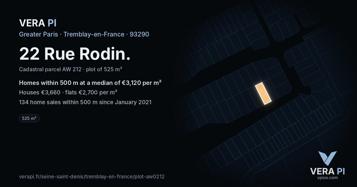22 Rue Rodin, Tremblay-en-France at night – the plot lit, the parcels around coloured by the prices near them
