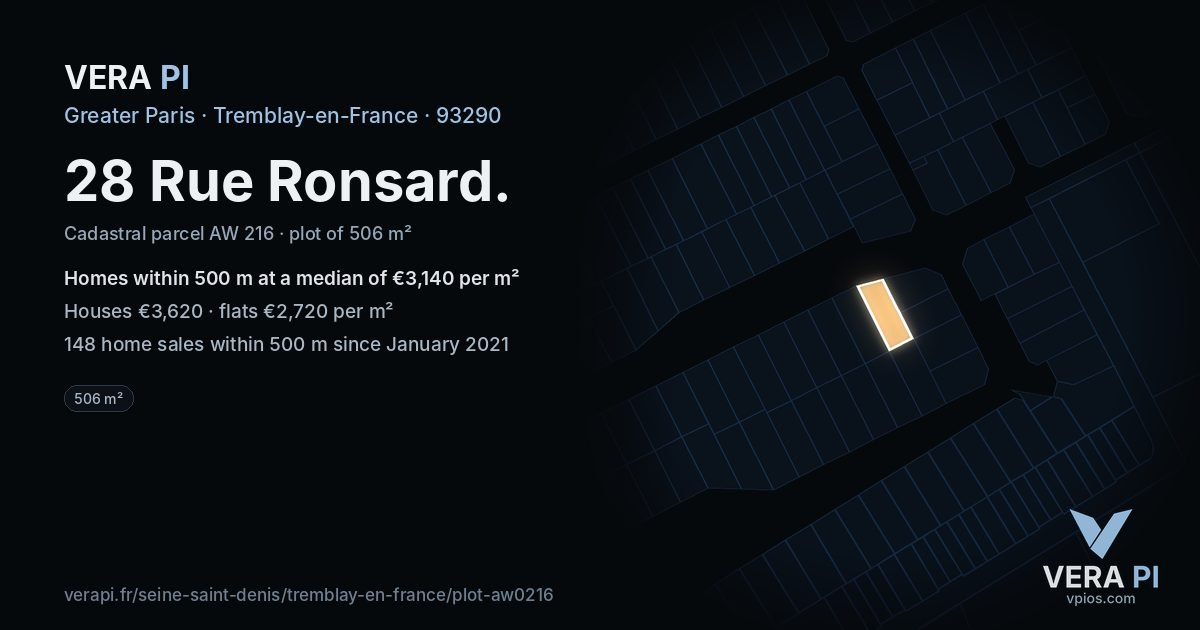 28 Rue Ronsard, Tremblay-en-France at night – the plot lit, the parcels around coloured by the prices near them