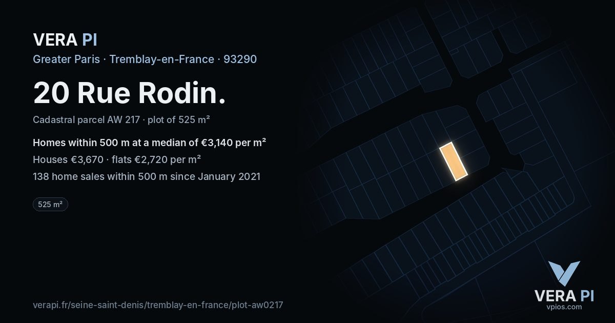 20 Rue Rodin, Tremblay-en-France at night – the plot lit, the parcels around coloured by the prices near them