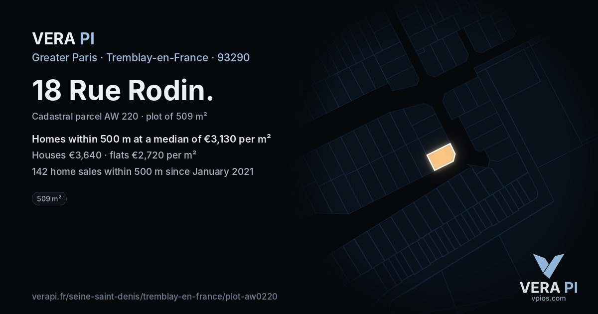 18 Rue Rodin, Tremblay-en-France at night – the plot lit, the parcels around coloured by the prices near them