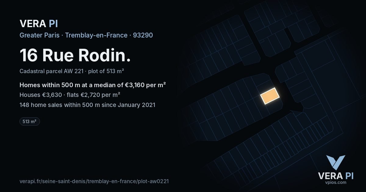 16 Rue Rodin, Tremblay-en-France at night – the plot lit, the parcels around coloured by the prices near them