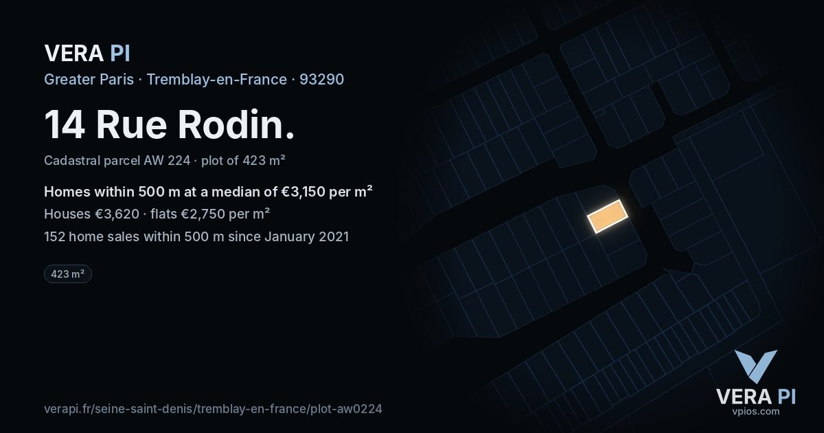14 Rue Rodin, Tremblay-en-France at night – the plot lit, the parcels around coloured by the prices near them