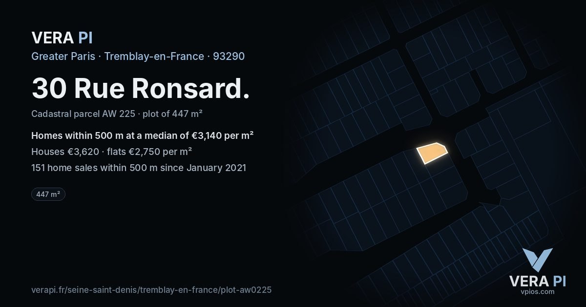 30 Rue Ronsard, Tremblay-en-France at night – the plot lit, the parcels around coloured by the prices near them
