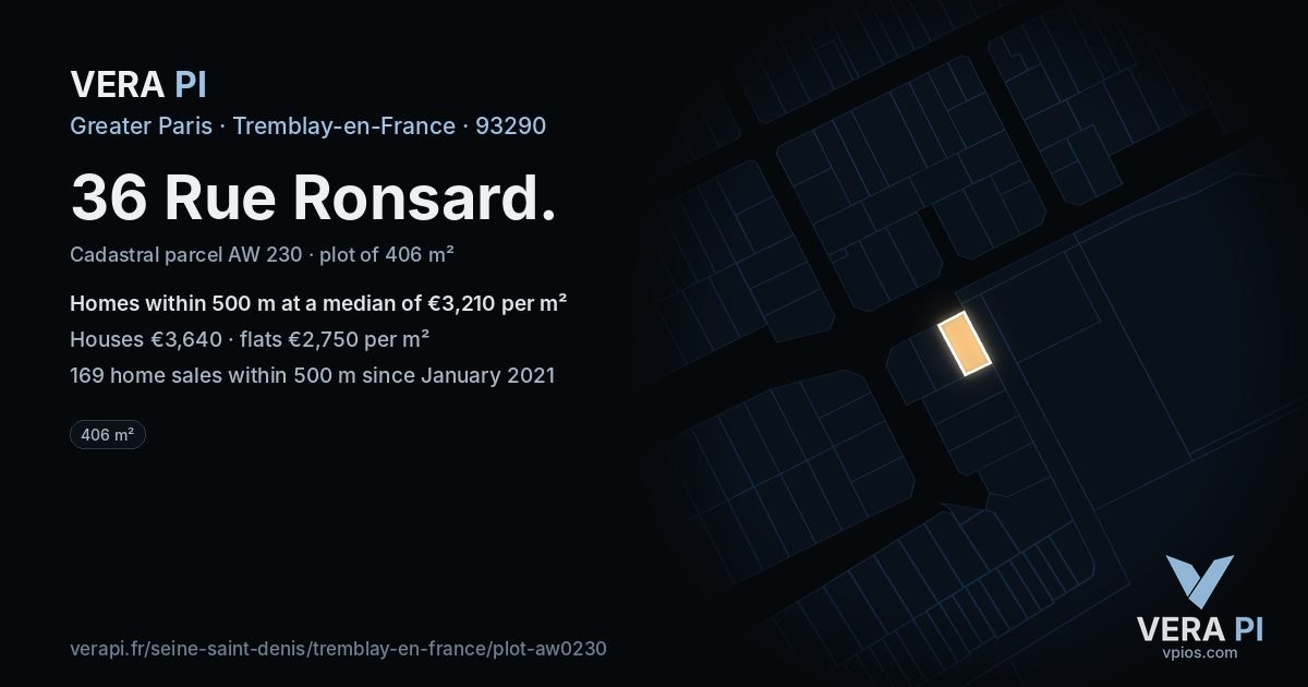 36 Rue Ronsard, Tremblay-en-France at night – the plot lit, the parcels around coloured by the prices near them