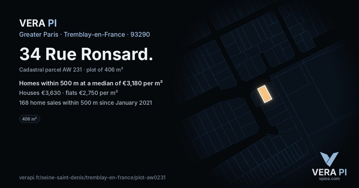 34 Rue Ronsard, Tremblay-en-France at night – the plot lit, the parcels around coloured by the prices near them