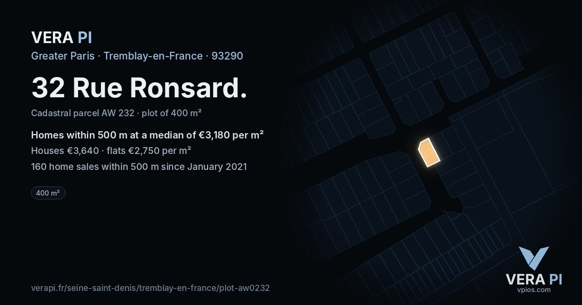 32 Rue Ronsard, Tremblay-en-France at night – the plot lit, the parcels around coloured by the prices near them