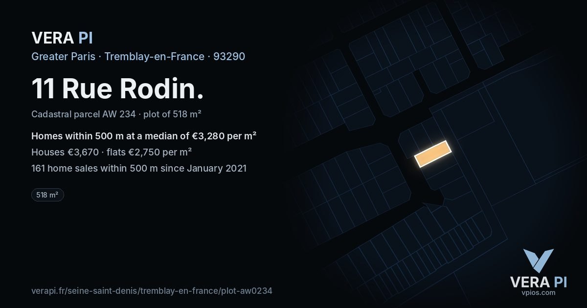 11 Rue Rodin, Tremblay-en-France at night – the plot lit, the parcels around coloured by the prices near them
