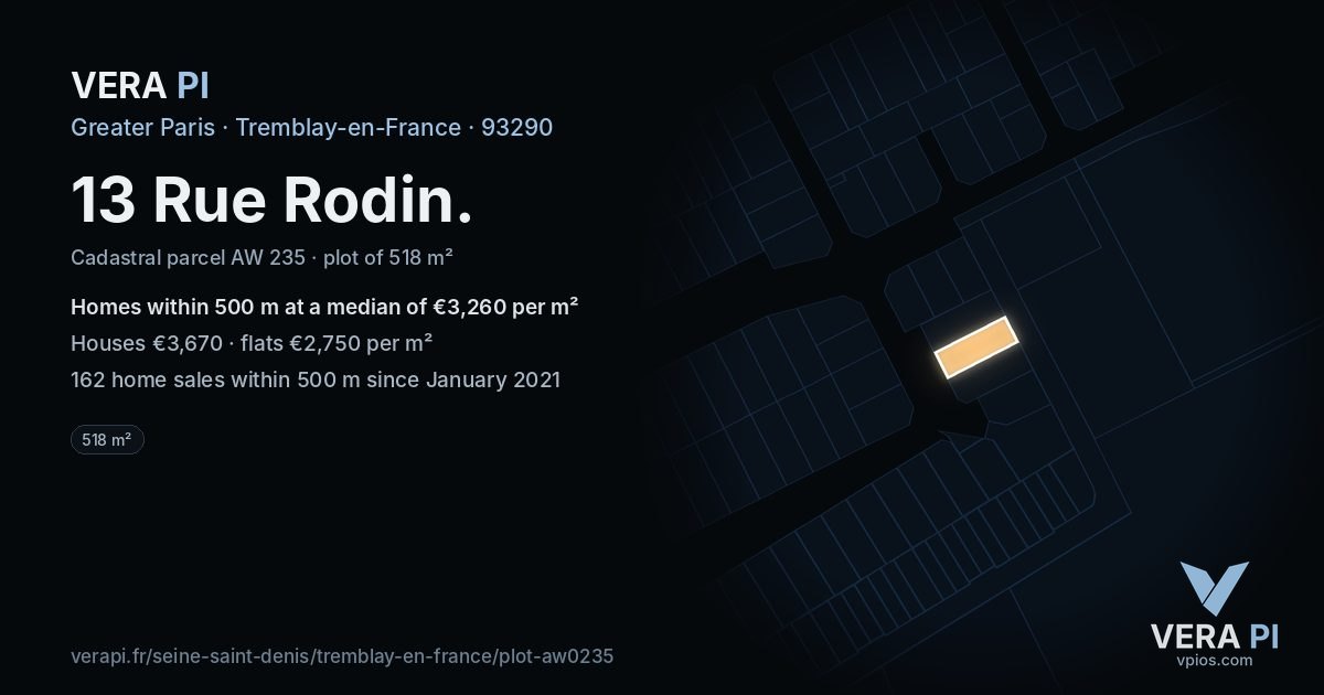 13 Rue Rodin, Tremblay-en-France at night – the plot lit, the parcels around coloured by the prices near them