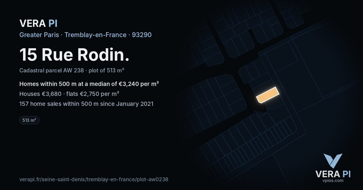15 Rue Rodin, Tremblay-en-France at night – the plot lit, the parcels around coloured by the prices near them