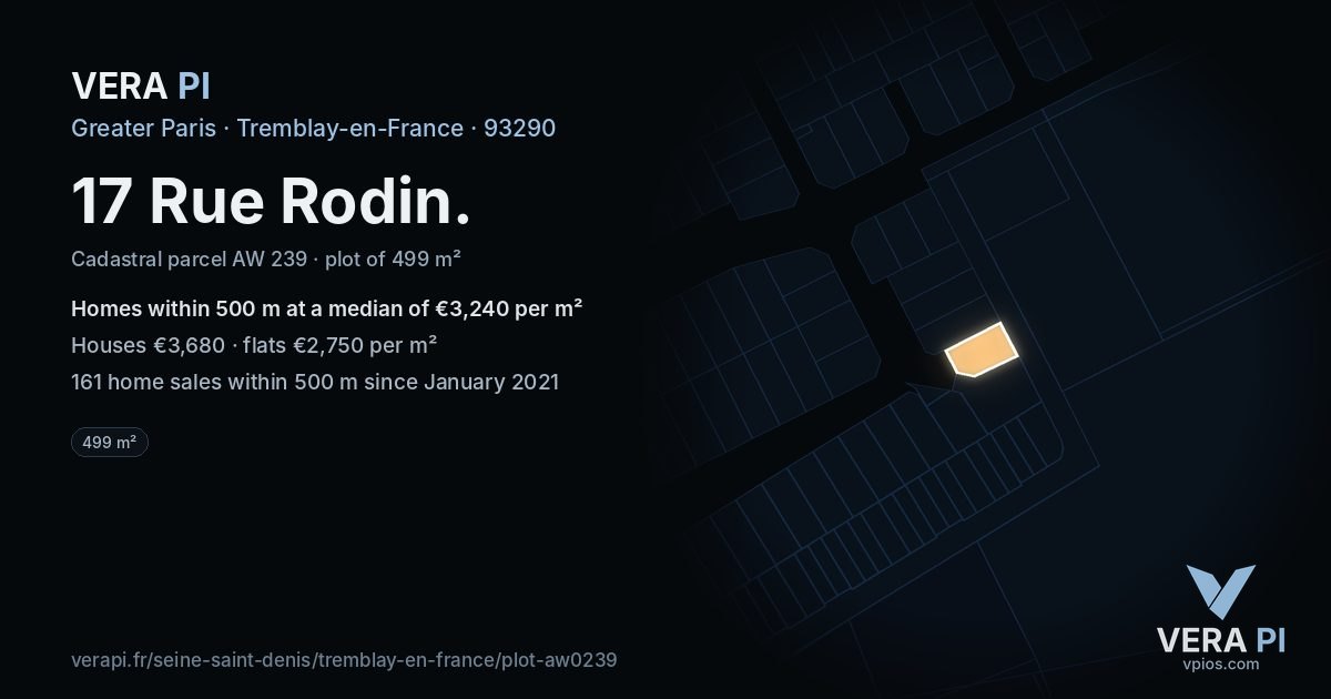 17 Rue Rodin, Tremblay-en-France at night – the plot lit, the parcels around coloured by the prices near them