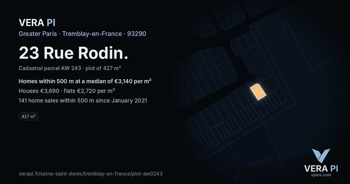 23 Rue Rodin, Tremblay-en-France at night – the plot lit, the parcels around coloured by the prices near them