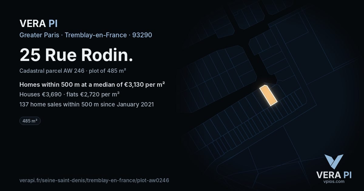 25 Rue Rodin, Tremblay-en-France at night – the plot lit, the parcels around coloured by the prices near them