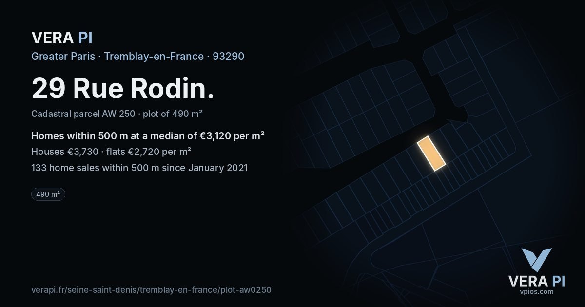 29 Rue Rodin, Tremblay-en-France at night – the plot lit, the parcels around coloured by the prices near them