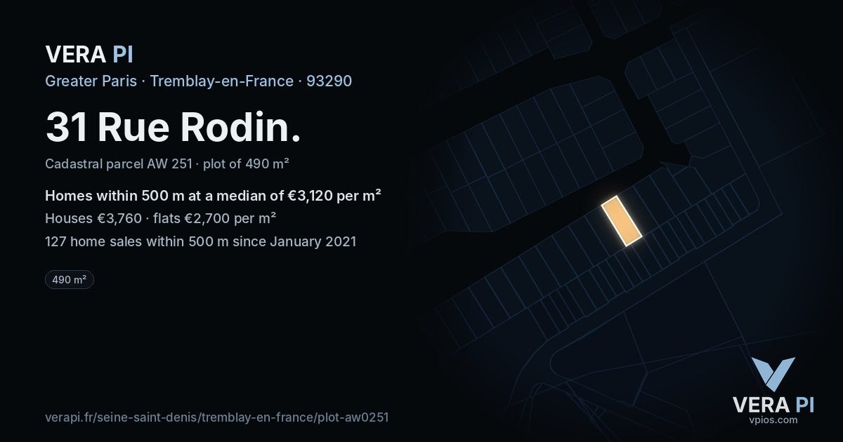 31 Rue Rodin, Tremblay-en-France at night – the plot lit, the parcels around coloured by the prices near them