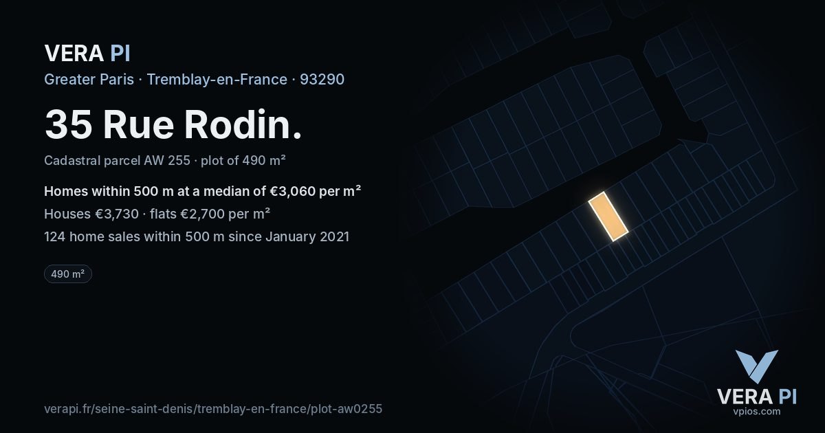 35 Rue Rodin, Tremblay-en-France at night – the plot lit, the parcels around coloured by the prices near them
