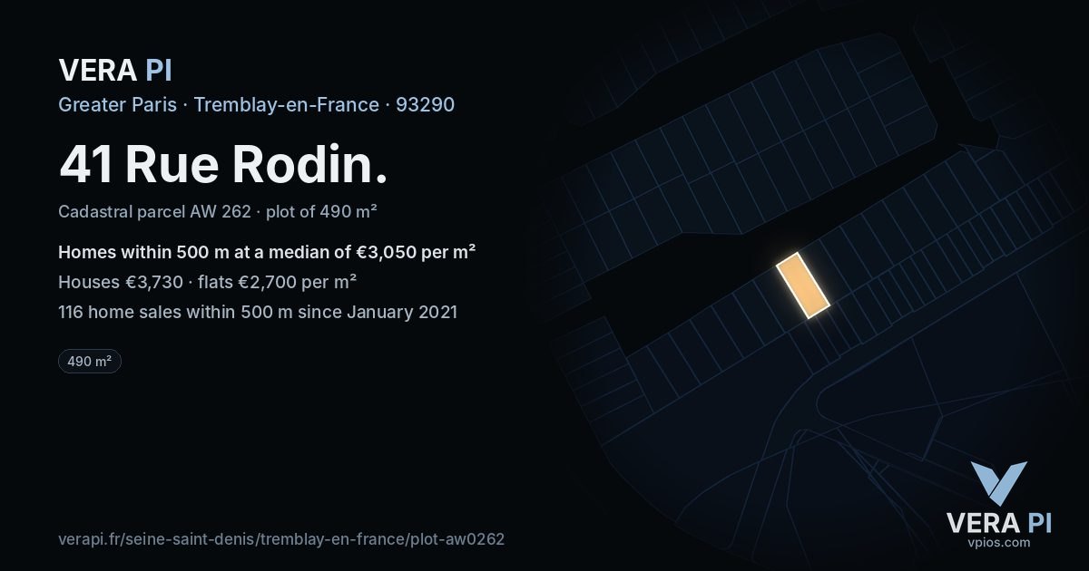 41 Rue Rodin, Tremblay-en-France at night – the plot lit, the parcels around coloured by the prices near them
