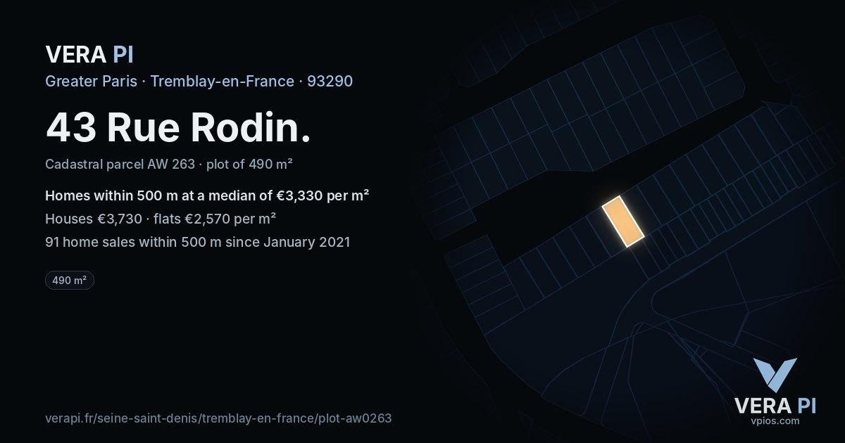43 Rue Rodin, Tremblay-en-France at night – the plot lit, the parcels around coloured by the prices near them