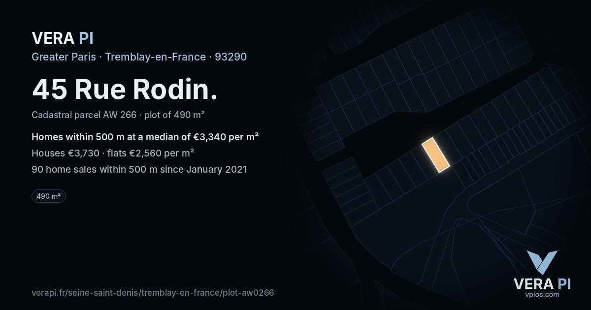 45 Rue Rodin, Tremblay-en-France at night – the plot lit, the parcels around coloured by the prices near them