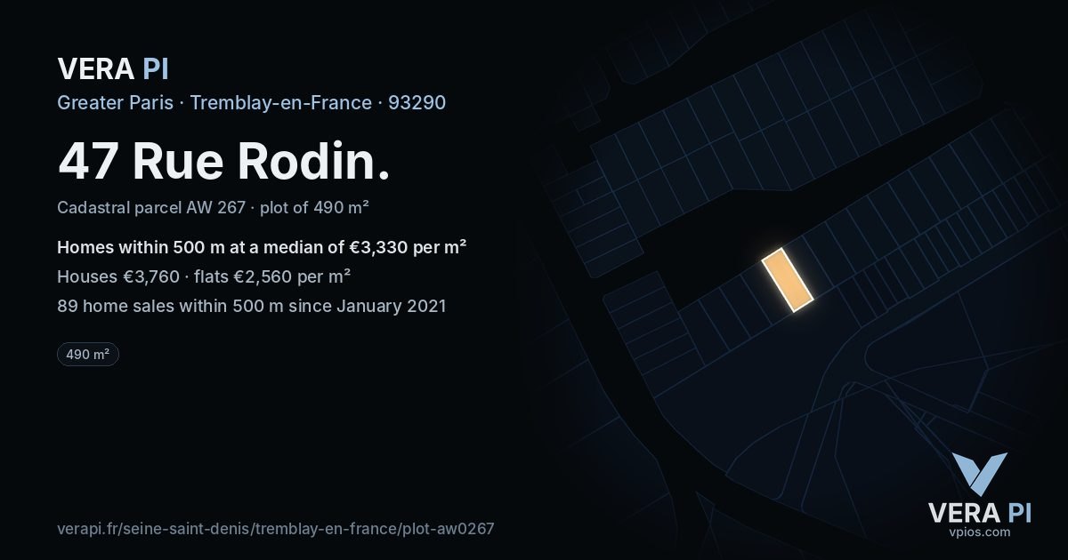 47 Rue Rodin, Tremblay-en-France at night – the plot lit, the parcels around coloured by the prices near them
