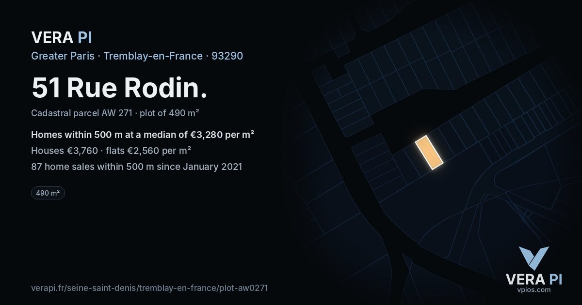 51 Rue Rodin, Tremblay-en-France at night – the plot lit, the parcels around coloured by the prices near them