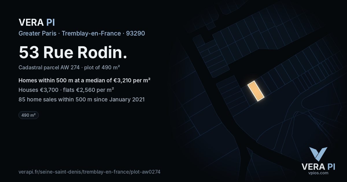 53 Rue Rodin, Tremblay-en-France at night – the plot lit, the parcels around coloured by the prices near them