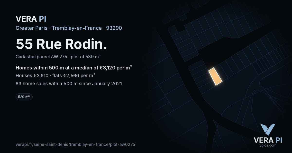 55 Rue Rodin, Tremblay-en-France at night – the plot lit, the parcels around coloured by the prices near them