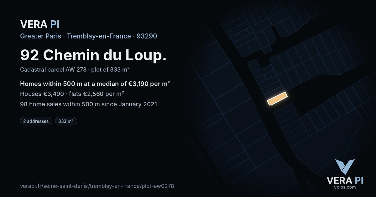 92 Chemin du Loup, Tremblay-en-France at night – the plot lit, the parcels around coloured by the prices near them