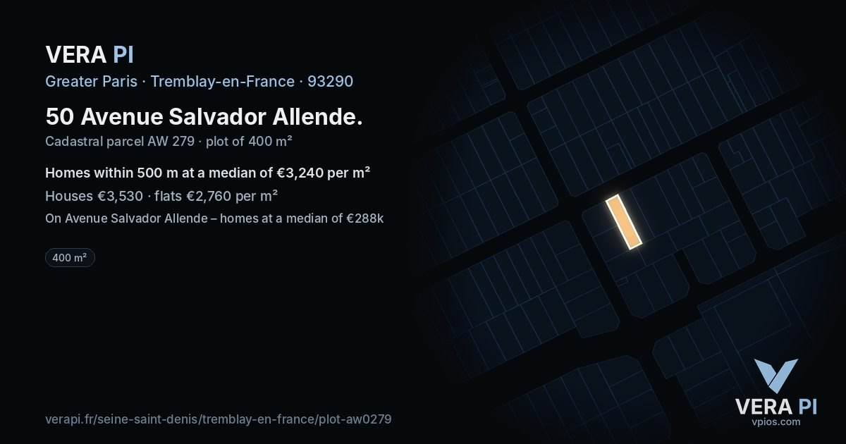 50 Avenue Salvador Allende, Tremblay-en-France at night – the plot lit, the parcels around coloured by the prices near them