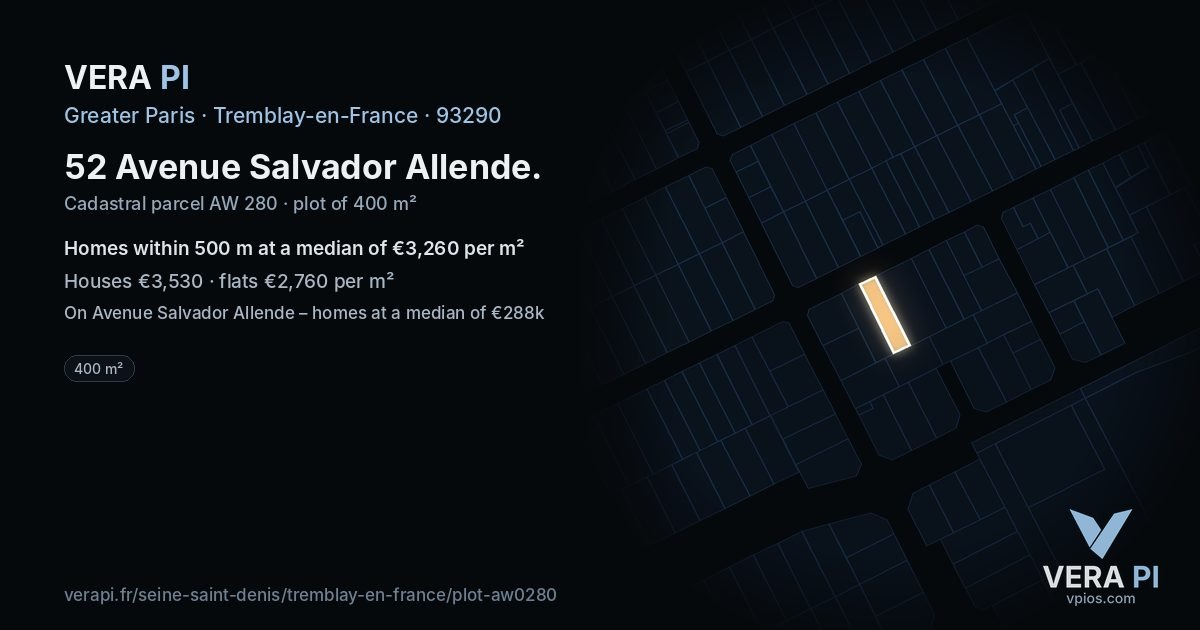 52 Avenue Salvador Allende, Tremblay-en-France at night – the plot lit, the parcels around coloured by the prices near them