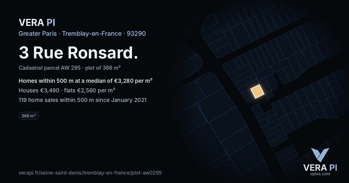 3 Rue Ronsard, Tremblay-en-France at night – the plot lit, the parcels around coloured by the prices near them
