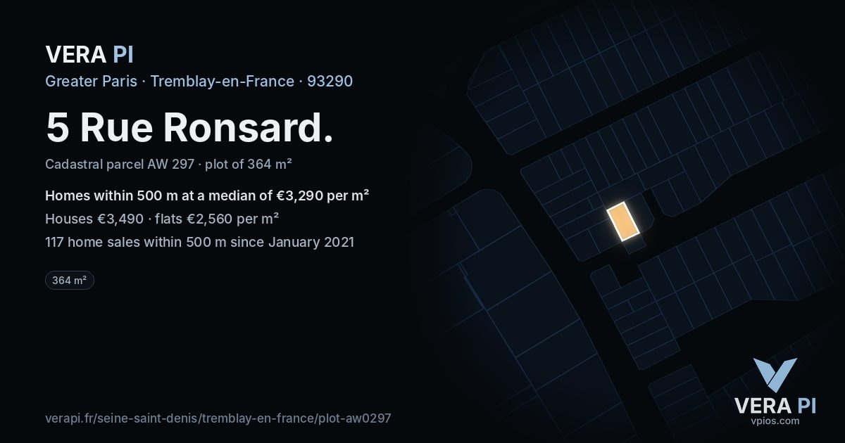 5 Rue Ronsard, Tremblay-en-France at night – the plot lit, the parcels around coloured by the prices near them