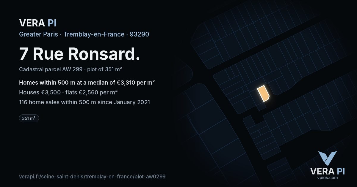 7 Rue Ronsard, Tremblay-en-France at night – the plot lit, the parcels around coloured by the prices near them
