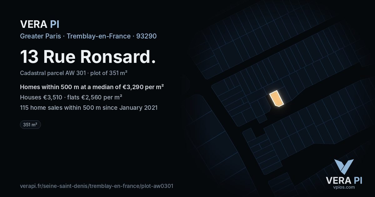 13 Rue Ronsard, Tremblay-en-France at night – the plot lit, the parcels around coloured by the prices near them