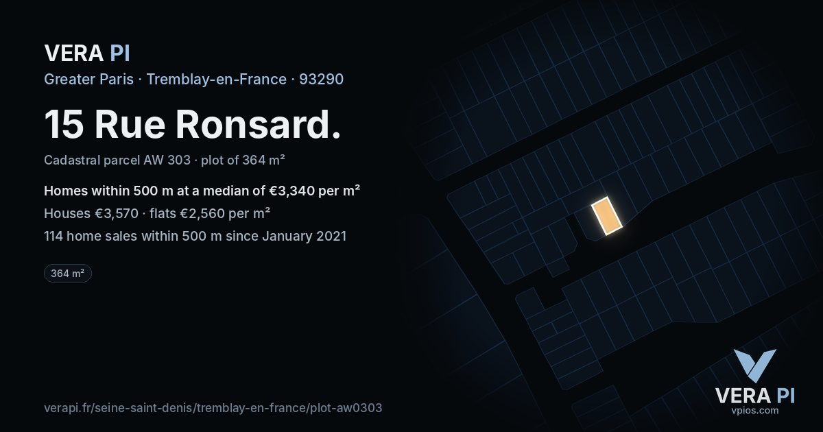 15 Rue Ronsard, Tremblay-en-France at night – the plot lit, the parcels around coloured by the prices near them