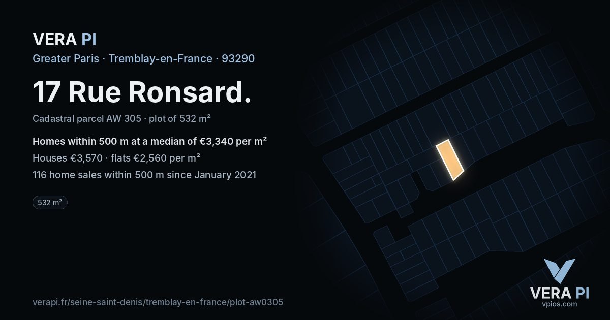 17 Rue Ronsard, Tremblay-en-France at night – the plot lit, the parcels around coloured by the prices near them