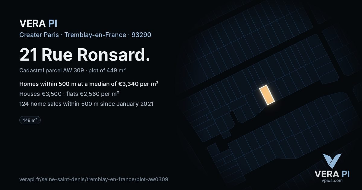 21 Rue Ronsard, Tremblay-en-France at night – the plot lit, the parcels around coloured by the prices near them