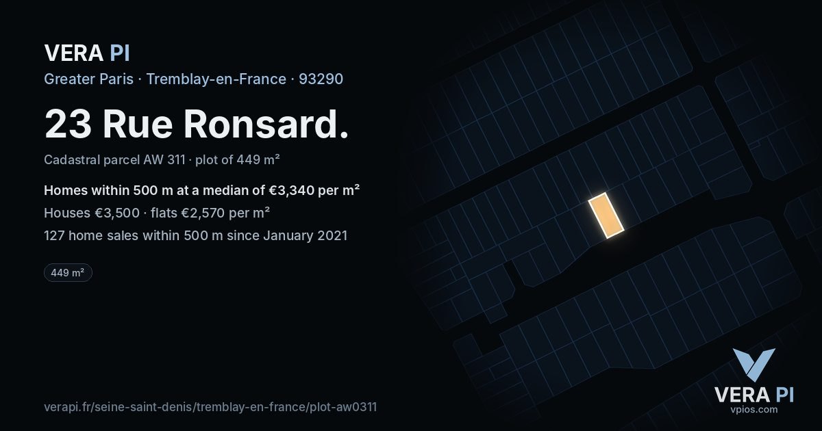 23 Rue Ronsard, Tremblay-en-France at night – the plot lit, the parcels around coloured by the prices near them