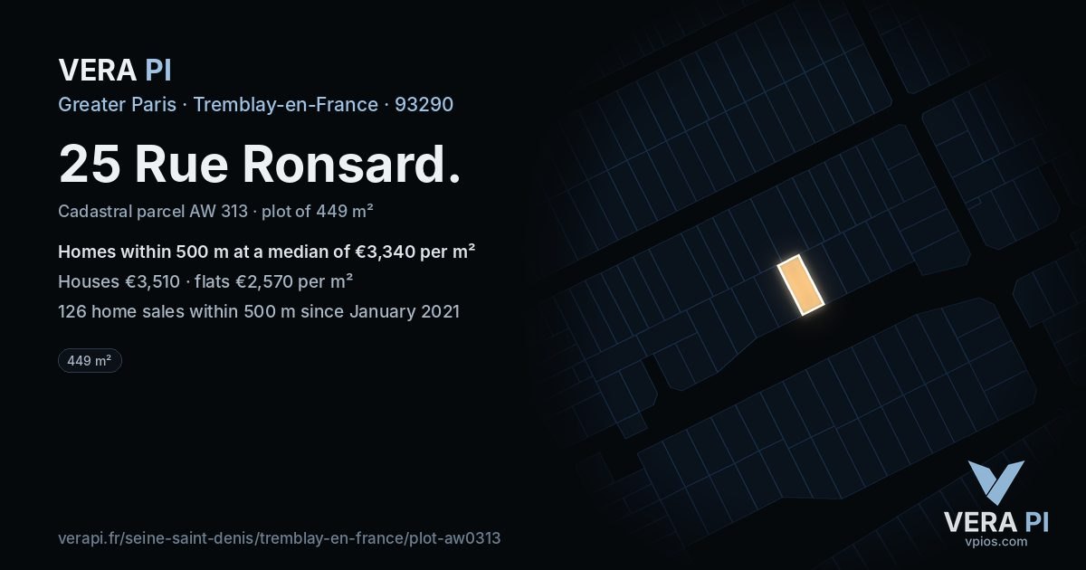 25 Rue Ronsard, Tremblay-en-France at night – the plot lit, the parcels around coloured by the prices near them