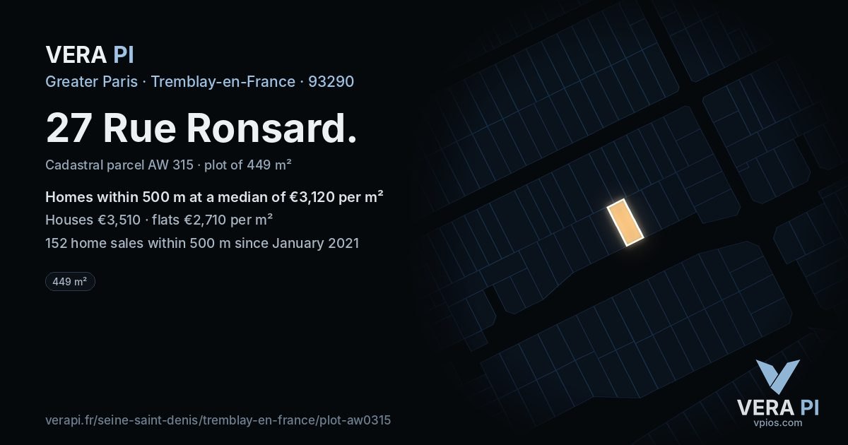 27 Rue Ronsard, Tremblay-en-France at night – the plot lit, the parcels around coloured by the prices near them