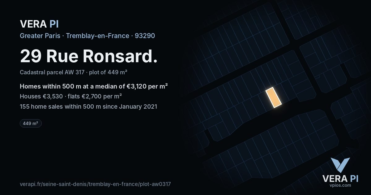 29 Rue Ronsard, Tremblay-en-France at night – the plot lit, the parcels around coloured by the prices near them