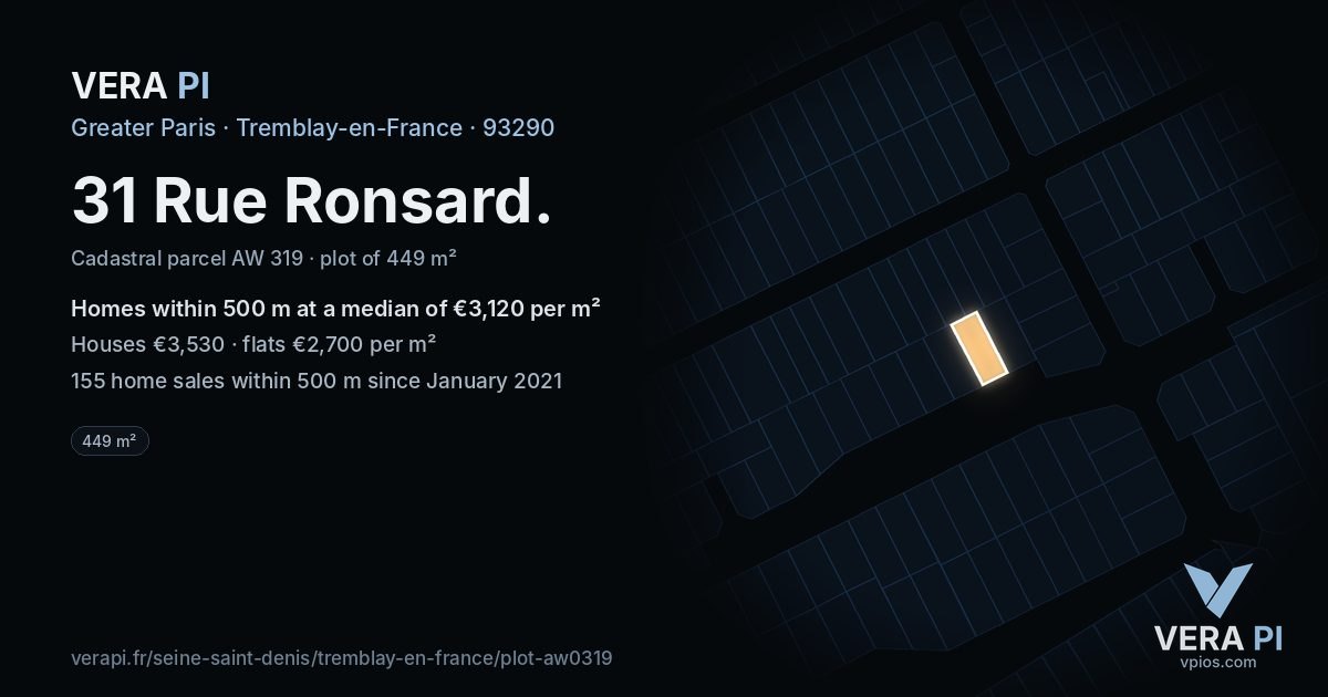 31 Rue Ronsard, Tremblay-en-France at night – the plot lit, the parcels around coloured by the prices near them