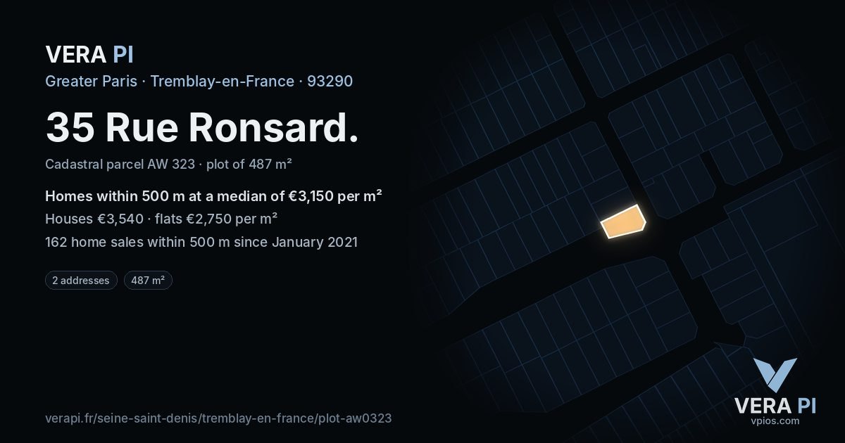 35 Rue Ronsard, Tremblay-en-France at night – the plot lit, the parcels around coloured by the prices near them