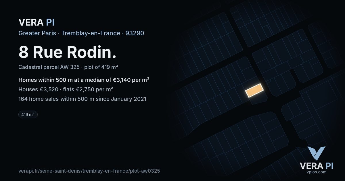 8 Rue Rodin, Tremblay-en-France at night – the plot lit, the parcels around coloured by the prices near them