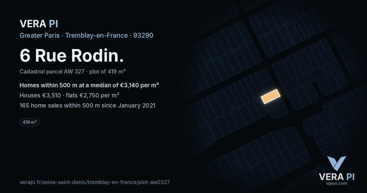 6 Rue Rodin, Tremblay-en-France at night – the plot lit, the parcels around coloured by the prices near them