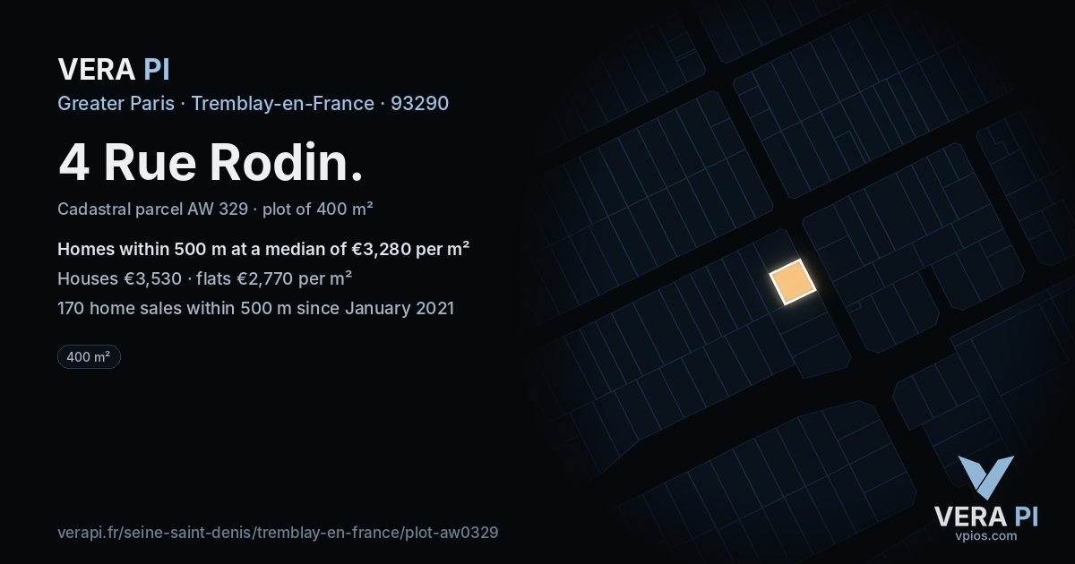 4 Rue Rodin, Tremblay-en-France at night – the plot lit, the parcels around coloured by the prices near them