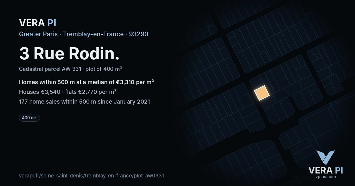 3 Rue Rodin, Tremblay-en-France at night – the plot lit, the parcels around coloured by the prices near them