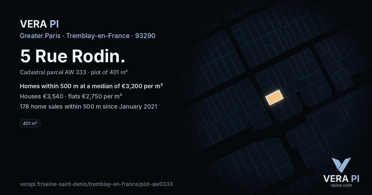5 Rue Rodin, Tremblay-en-France at night – the plot lit, the parcels around coloured by the prices near them