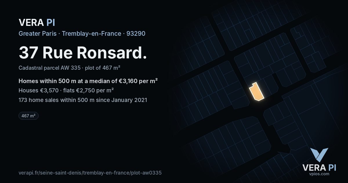 37 Rue Ronsard, Tremblay-en-France at night – the plot lit, the parcels around coloured by the prices near them